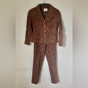 Vintage 70s Matching Set 2 Piece Brown Lace Button Down Shirt Blouse and Pants 0